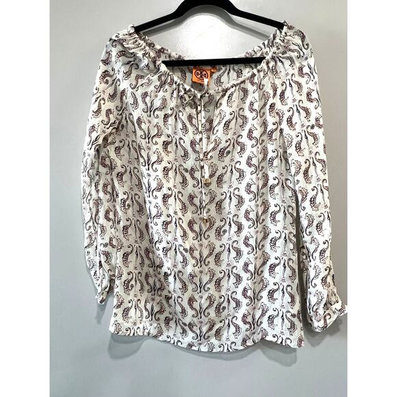 Tory Burch Sophie Coquette Off-the-Shoulder Peasant Blouse Silk boho top Sz-0 - Picture 2 of 10